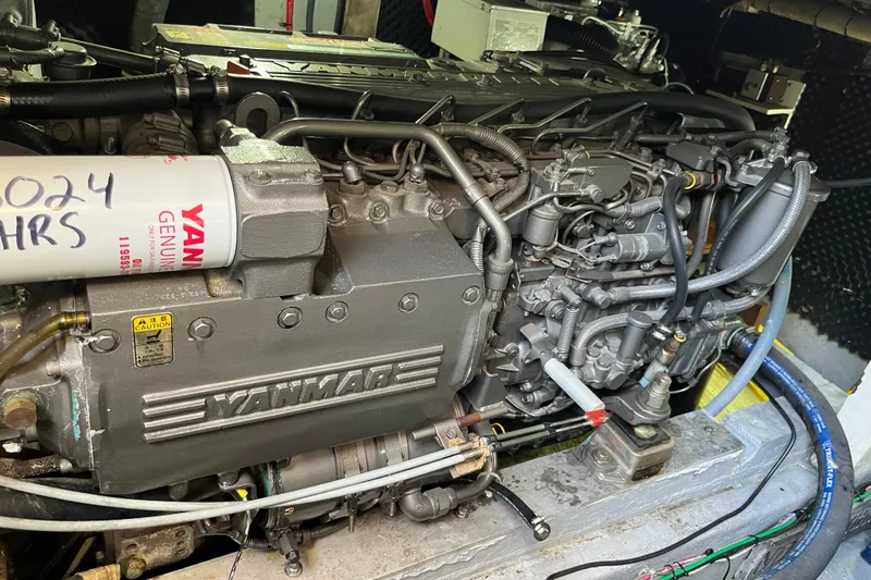 Engine of a 1971 Pacifica 44 Convertible boat, featuring Yanmar components.