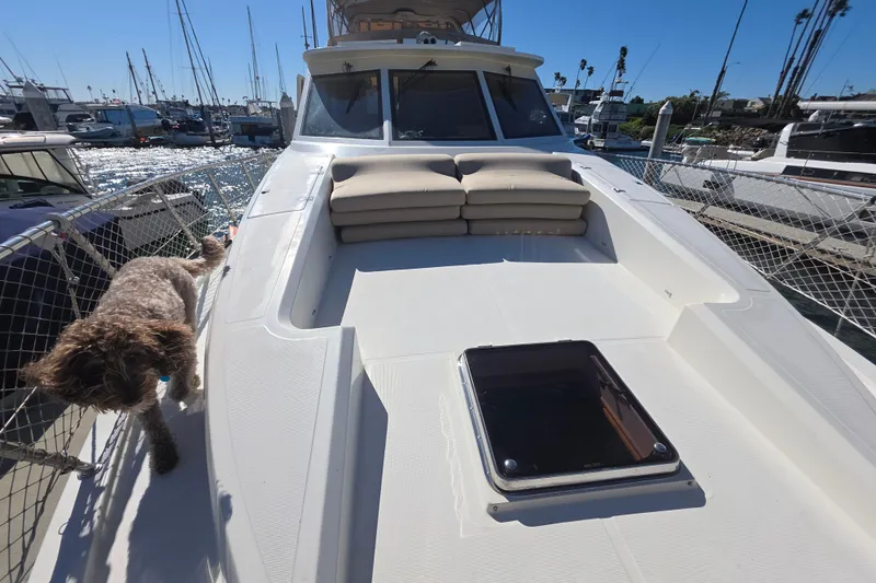 2000 McKinna 48 Pilothouse yacht with dog on deck, docked at marina.