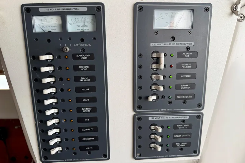 Electrical control panel on a 1985 MacGregor 65 sailboat, featuring DC and AC distribution.