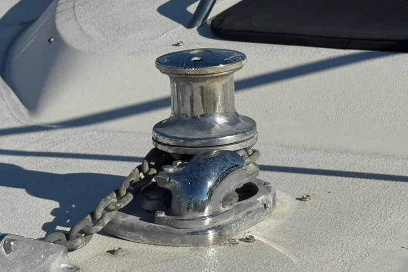 Anchor winch on 1990 Sea Ray 380 Aft Cabin boat deck.