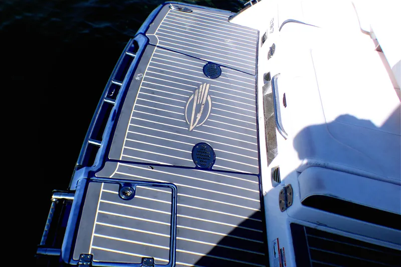2018 Chaparral 267 SSX boat deck with sleek design and logo detailing.