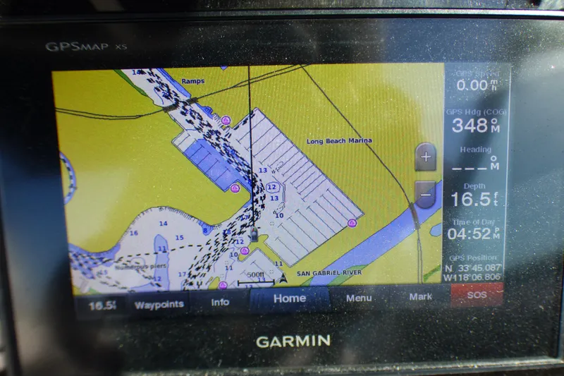 Garmin GPS display showing Long Beach Marina map on Chaparral 267 SSX, 2018 model.
