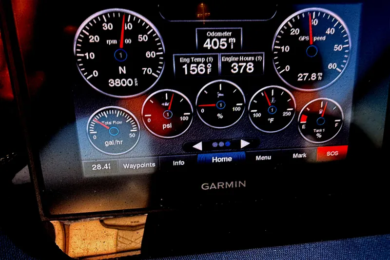 Dashboard display of a 2018 Chaparral 267 SSX showing engine metrics and GPS speed.
