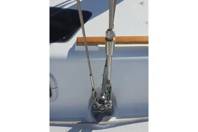 Close-up of rigging on a 1994 Hunter Legend 35.5 sailboat deck.