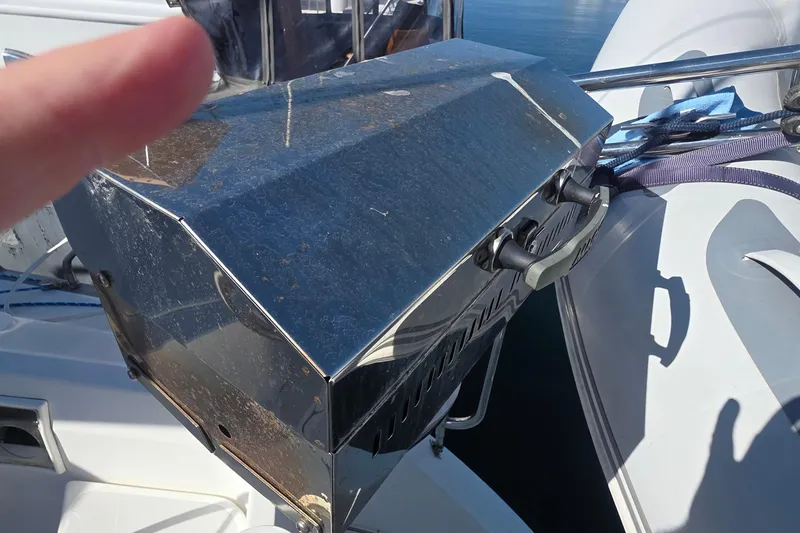 Stainless steel grill on a 1994 Hunter Legend 35.5 sailboat deck.