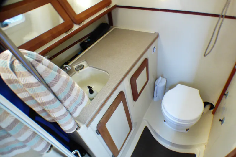 Compact bathroom in 1994 Hunter Legend 35.5 sailboat with sink, toilet, and storage.