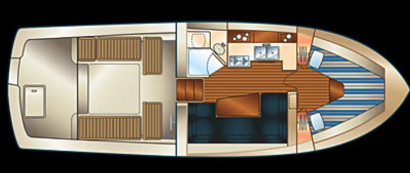 2005 Mainship 34 Pilot Sedan Rum Runner II floor plan, featuring cabin and deck layout.