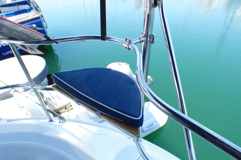 Sailboat deck view with blue cushion, Hunter 40.5, 1993 model.