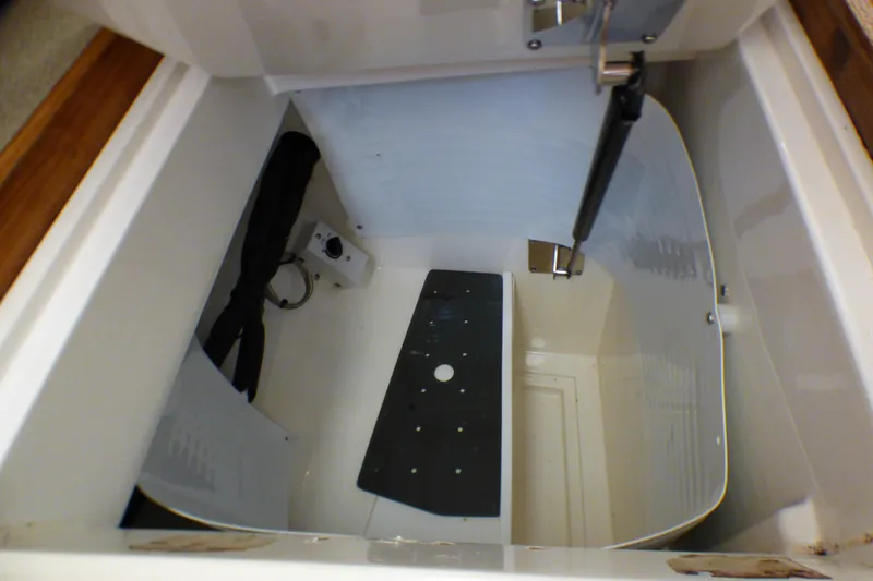 Storage compartment of a 1993 Hunter 40.5 sailboat, featuring organized interior space.