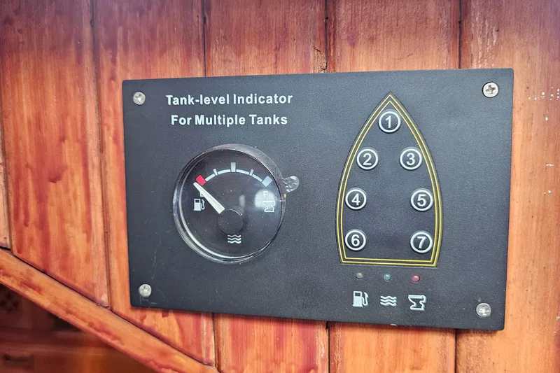 Tank-level indicator panel on 1985 Spindrift Pilot House Cutter boat.