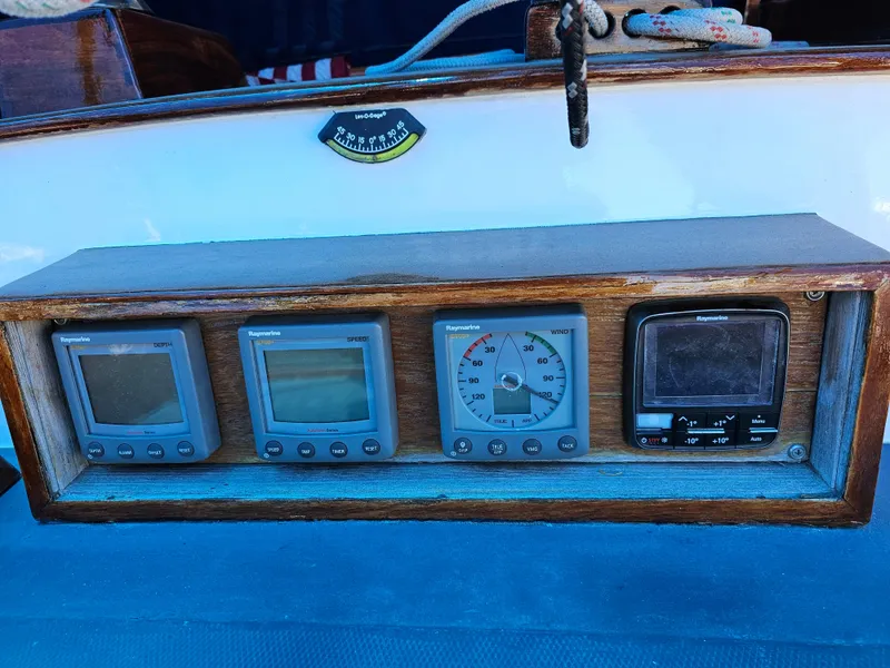 Instrument panel on a 1985 Spindrift Pilot House Cutter sailboat.