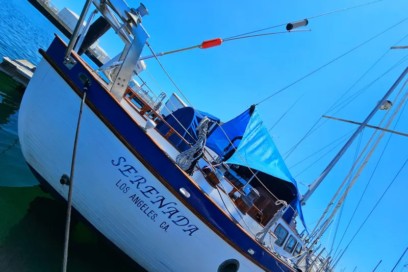 1985 Spindrift Pilot House Cutter Serenada docked in Los Angeles, CA.