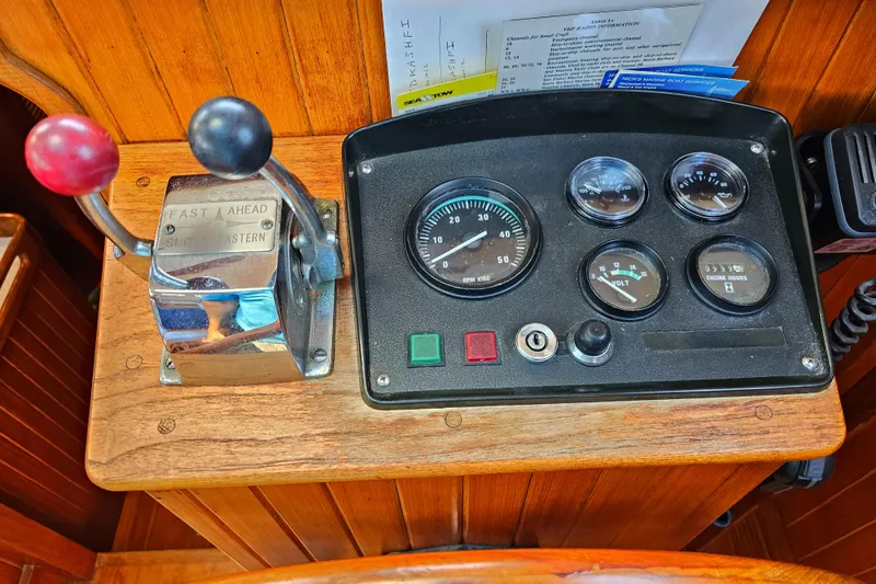 Control panel of a 1985 Spindrift Pilot House Cutter sailboat.