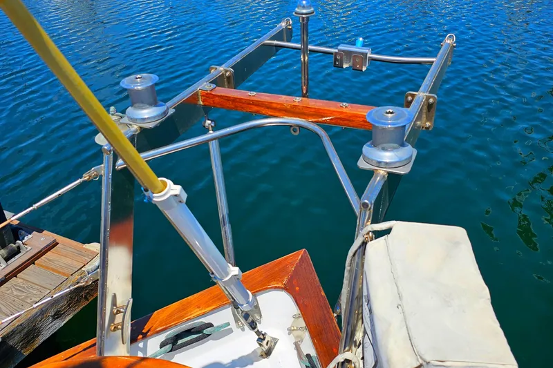 Spindrift Pilot House Cutter 1985 stern view with stainless steel fittings and wooden accents.