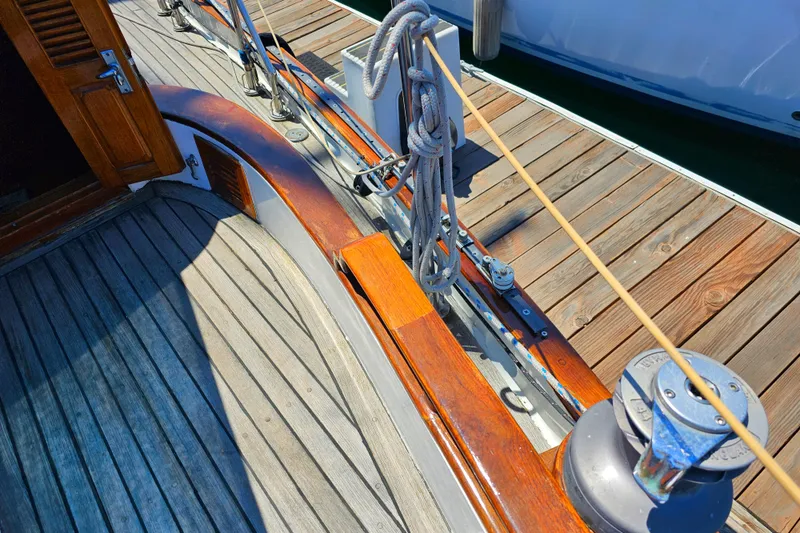 1985 Spindrift Pilot House Cutter deck with wooden and metal details.