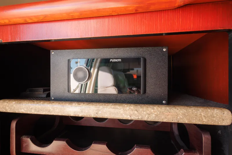 Fusion audio system in a 1997 Maxum 4600 SCB yacht interior.