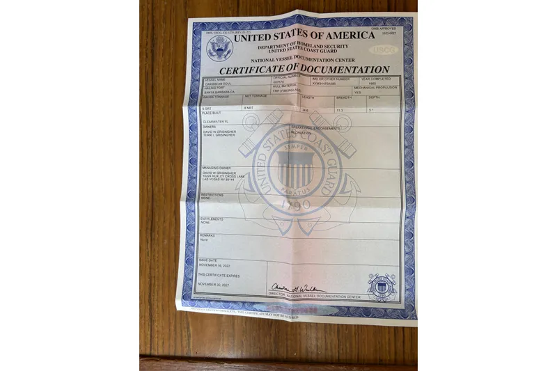 Certificate of Documentation for 1984 Irwin 34 sailboat, issued by U.S. Coast Guard.