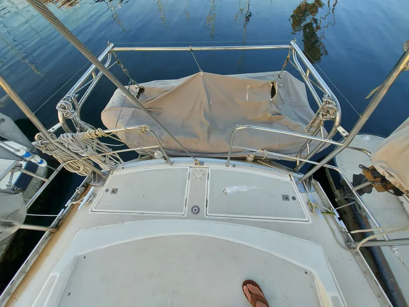 Aft Deck w/ the Achilles Inflatable & Nissan Outboard