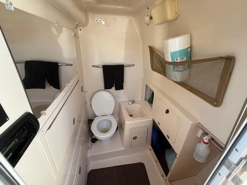 2005 Grady-White Bimini 306 boat bathroom with toilet, sink, and storage compartments.
