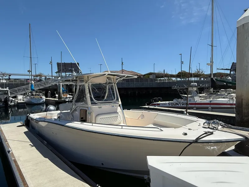 2005 Grady-White Bimini 306 boat docked at marina under clear blue sky.