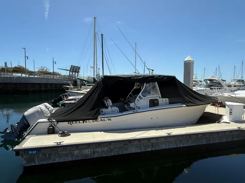 2005 Grady-White Bimini 306 boat docked with cover, marina background.