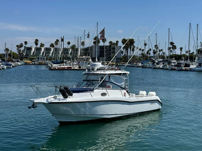 2008 Boston Whaler 285 Conquest boat docked in a marina with sailboats and palm trees.