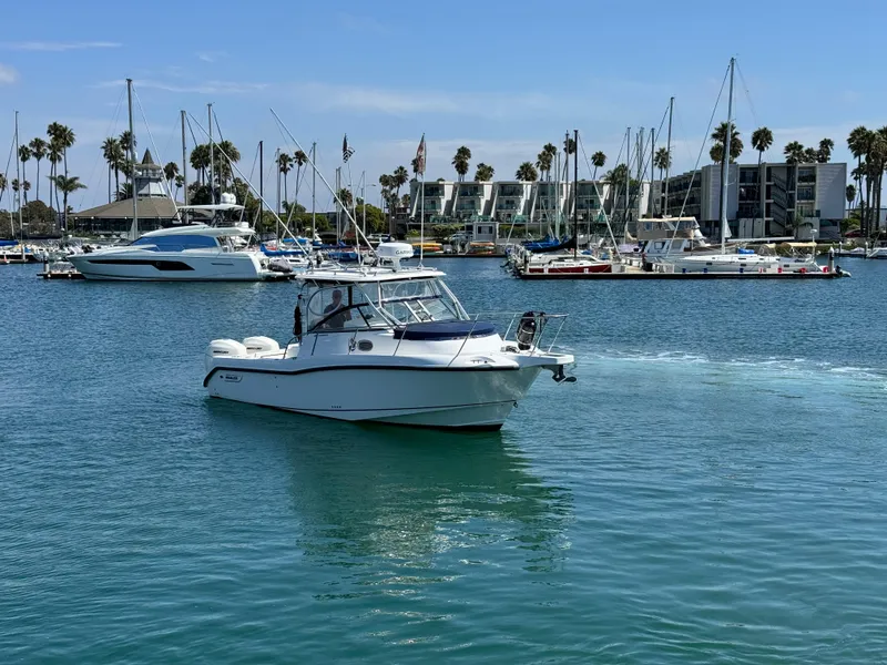 2008 Boston Whaler 285 Conquest boat cruising in a marina with palm trees and yachts.