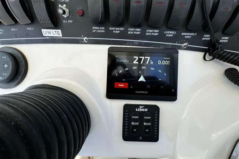 Dashboard of 2008 Boston Whaler 285 Conquest with Garmin navigation display.