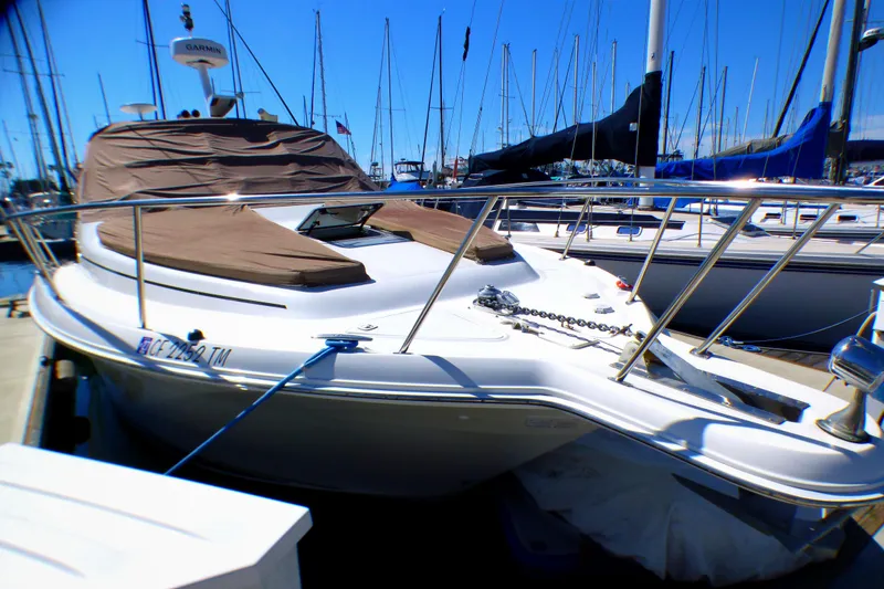 2002 Sea Ray 340 Amberjack boat docked in marina, covered and equipped with Garmin technology.