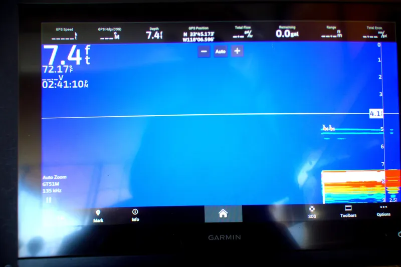 Garmin marine display showing depth and temperature on a 2002 Sea Ray 340 Amberjack.