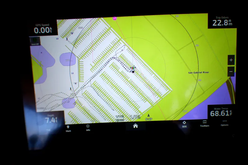 Navigation screen on 2002 Sea Ray 340 Amberjack, displaying San Gabriel River map.