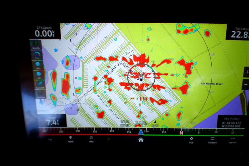 Radar display on a 2002 Sea Ray 340 Amberjack, showing San Gabriel River area.