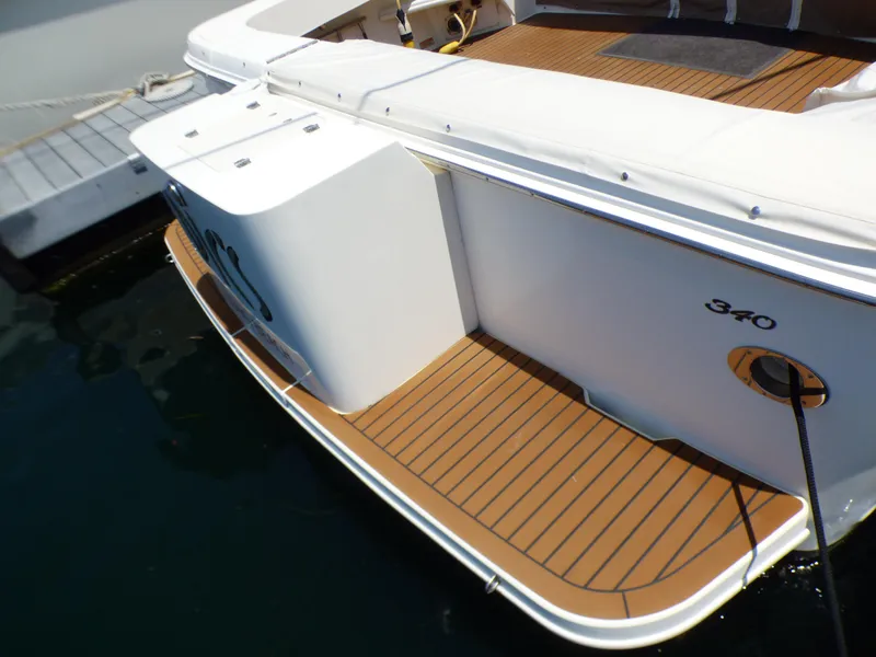 Rear view of 2002 Sea Ray 340 Amberjack with teak deck.
