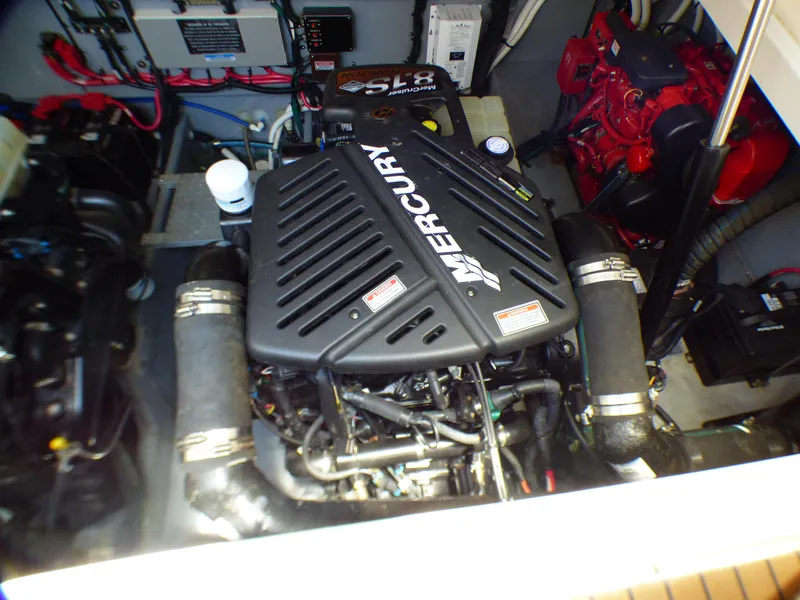 Engine room of a 2002 Sea Ray 340 Amberjack with Mercury engine.