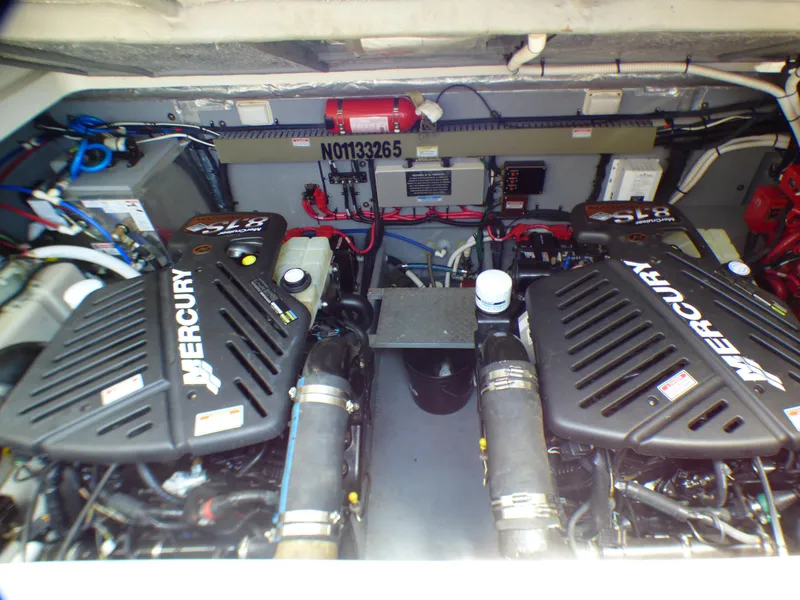 Engine room of 2002 Sea Ray 340 Amberjack with Mercury engines.