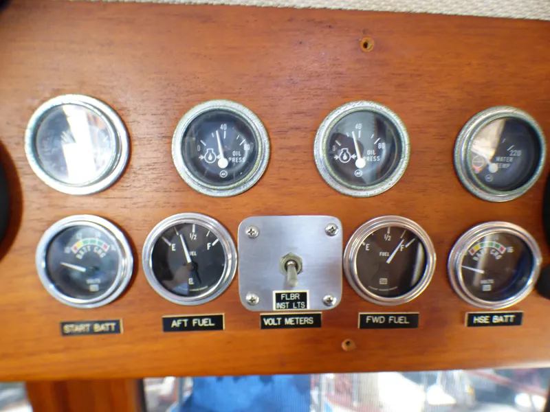 1980 CHB Heritage 42 Trawler dashboard with fuel and battery gauges.