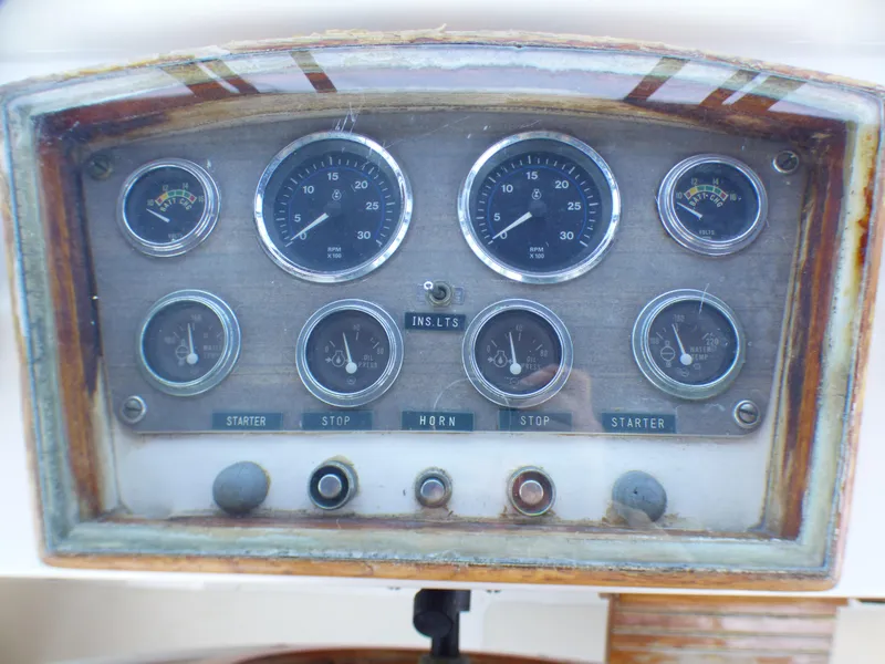 1980 CHB Heritage 42 Trawler dashboard with gauges and controls.