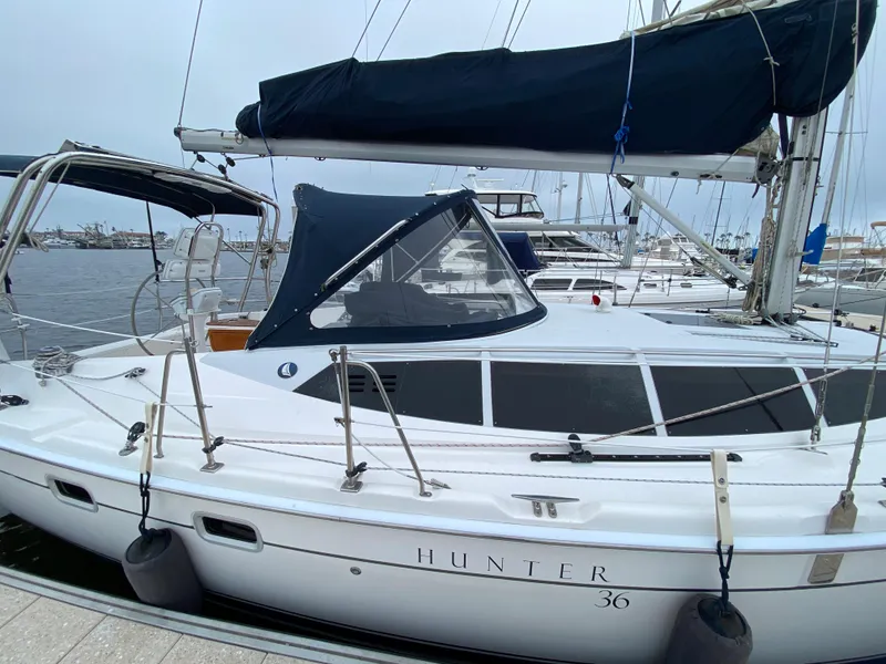 2012 Hunter e36 sailboat docked at marina.