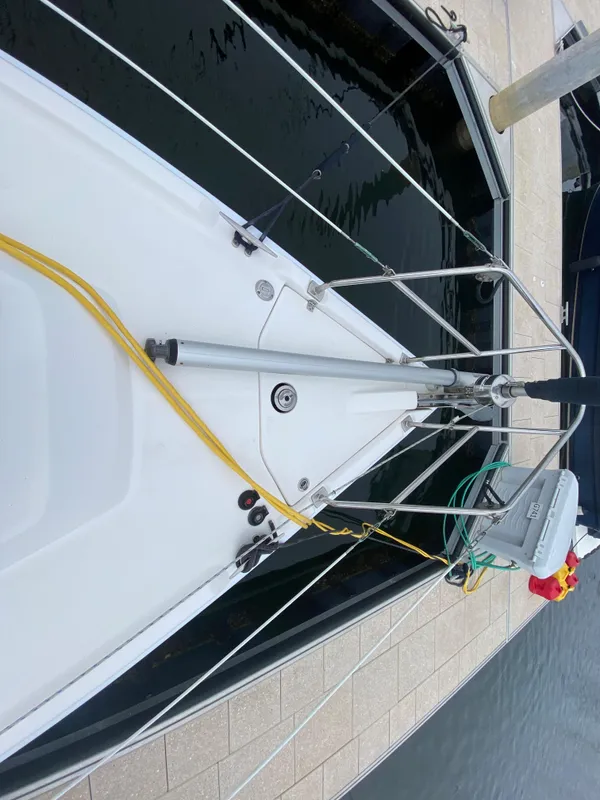 Top view of 2012 Hunter e36 sailboat docked at marina.