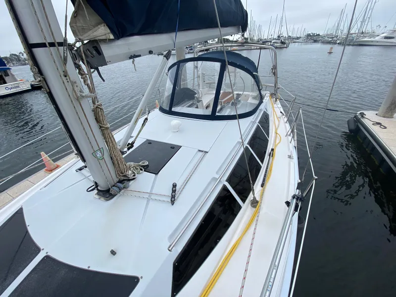 2012 Hunter e36 sailboat docked at a marina.
