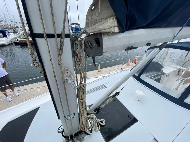 Hunter e36 sailboat, 2012 model, docked at marina with rigging and sail details.