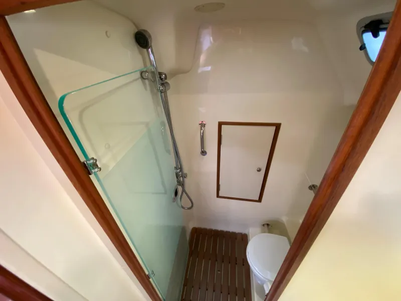 Hunter e36 2012 boat bathroom with shower and toilet.