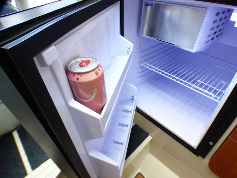 Open fridge in 2004 Robalo R265 Walkaround boat with a soda can on the door shelf.