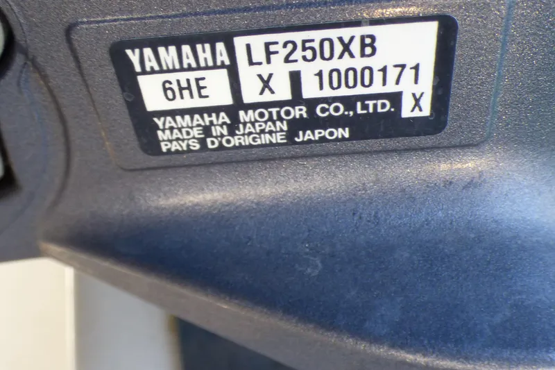 Yamaha LF250X engine label on 2004 Robalo R265 Walkaround boat, made in Japan.