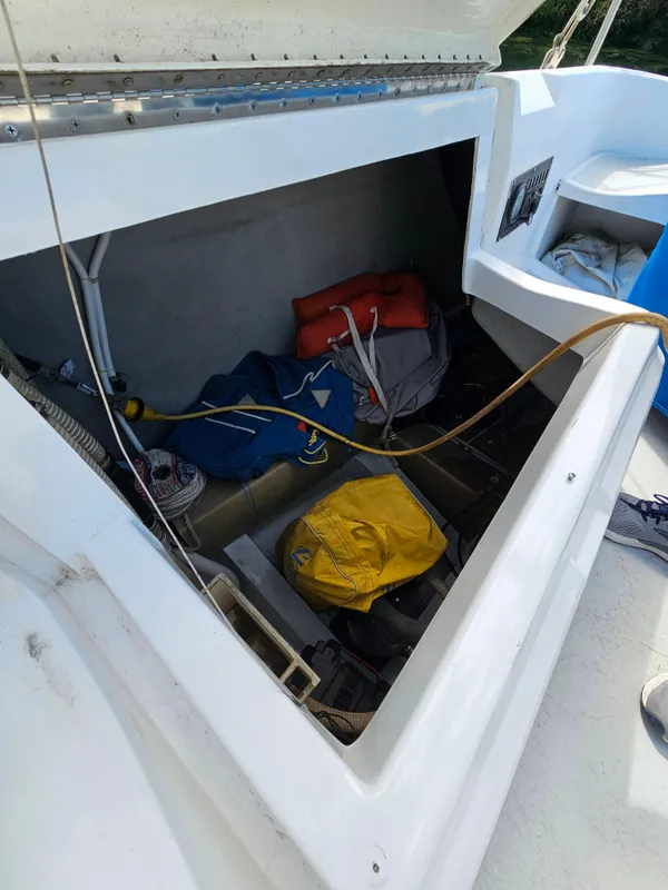 Storage compartment of a 1988 Hunter Legend 35 sailboat.