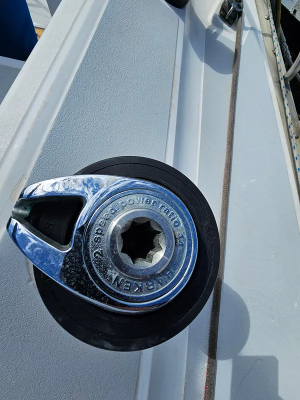 Close-up of a winch on a 1988 Hunter Legend 35 sailboat.