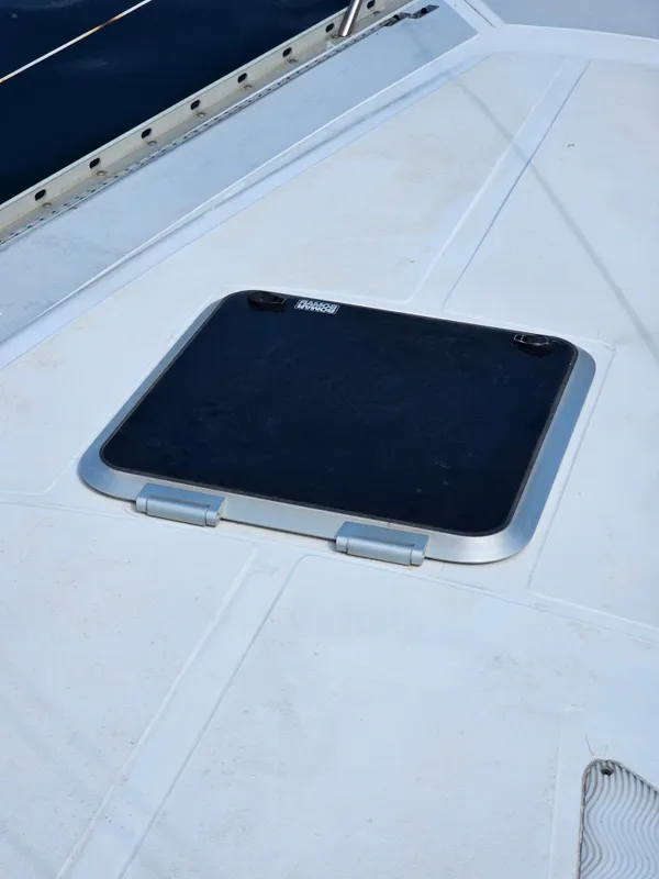 Deck hatch on a 1988 Hunter Legend 35 sailboat.