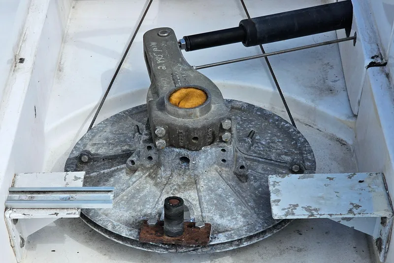 Rudder mechanism of a 1988 Hunter Legend 35 sailboat.