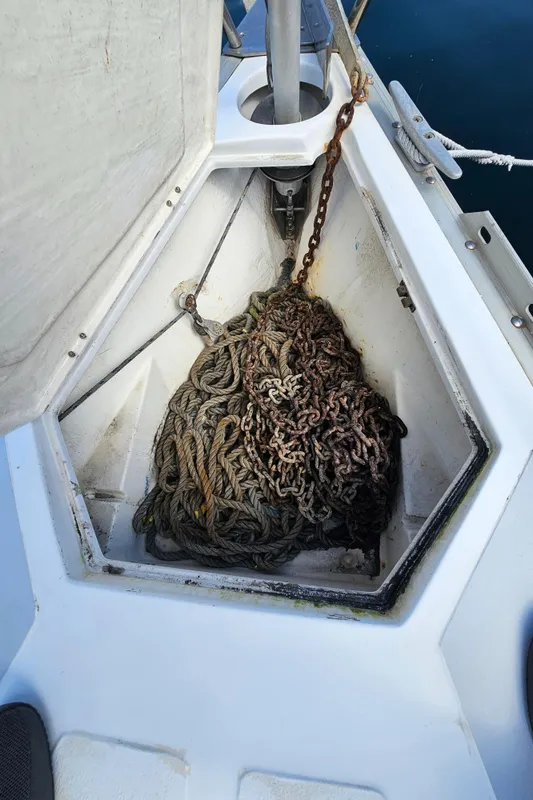 Anchor locker of a 1988 Hunter Legend 35 sailboat.