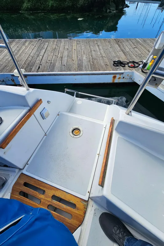 Cockpit of a 1988 Hunter Legend 35 sailboat at dock.